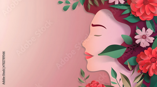 Illustration of face and flowers style paper cut with copy space for international women's day