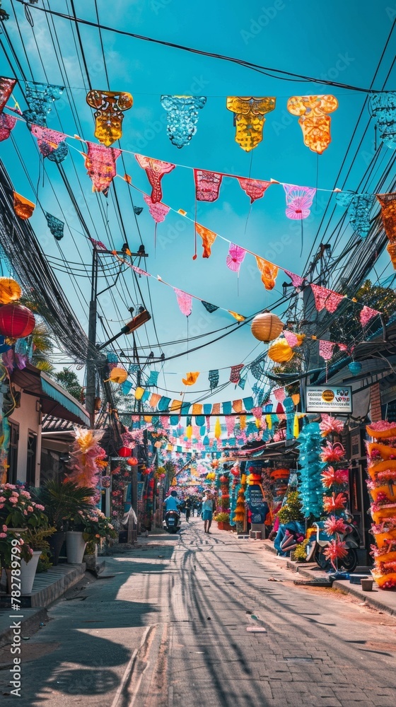 Fototapeta premium A festive Songkran street vibrant with decorations