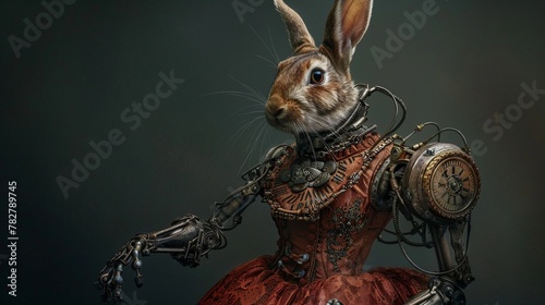 A rabbit with cybernetic limbs and a metal arm adorned with intricate engravings wearing a copper corset and a bustle skirt. photo