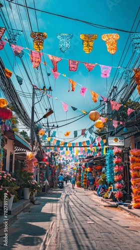 A festive Songkran street vibrant with decorations