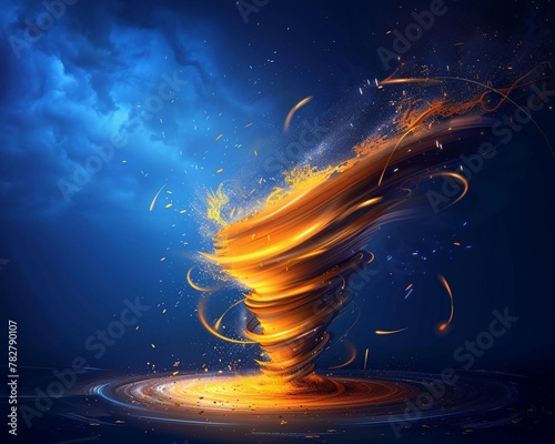 Vibrant golden tornado whirls dynamically against a dramatic blue sky in an energetic digital artwork.