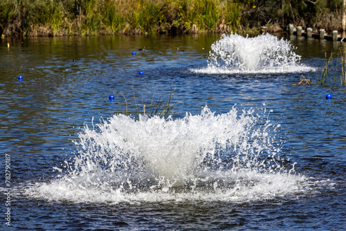 Water fountains in wetlands providing aeration to promote healthy and beneficial algae growth by increasing oxygen