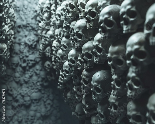 Wall of skulls in dim light, evoking a haunting atmosphere of history and mortality. © pprothien