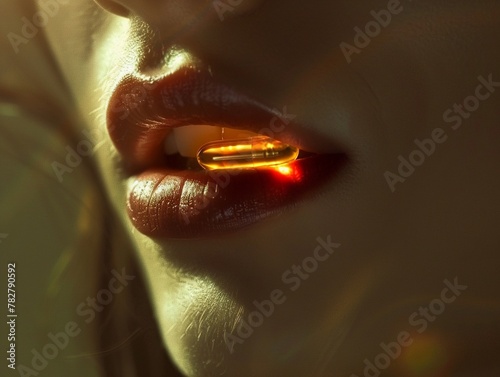 Close-up of a mouth swallowing a supplement pill, highlighting the concept of health and wellness.