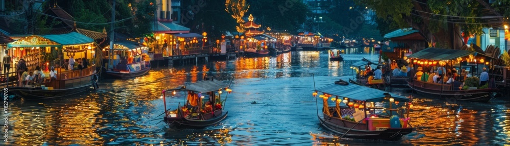 A riverside Songkran celebration with boats adorned with lights and flowers