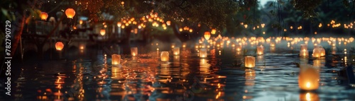 A river illuminated by floating lanterns during Songkran each light a prayer for health