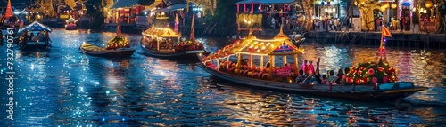 A riverside Songkran celebration with boats adorned with lights and flowers