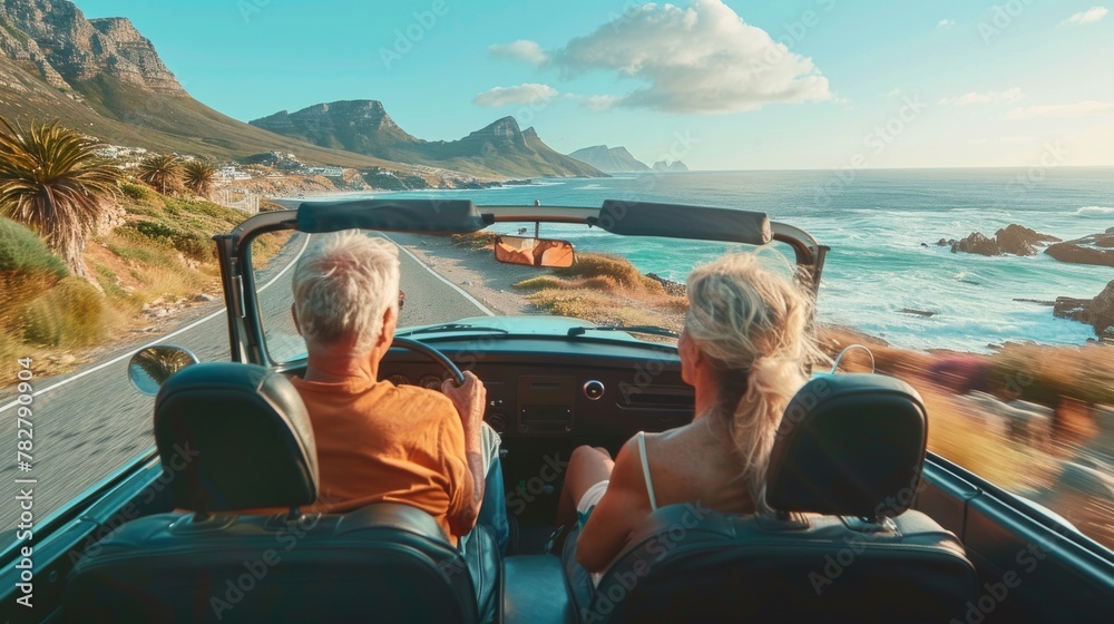 Visualize a cheerful, elderly couple, driving their electric car along a coastal road, with the ocean on one side and vibrant, green cliffs on the other, the scene encapsulating a blend of relaxation.