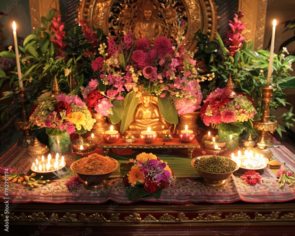 Fototapeta premium A Songkran altar beautifully decorated with flowers candles