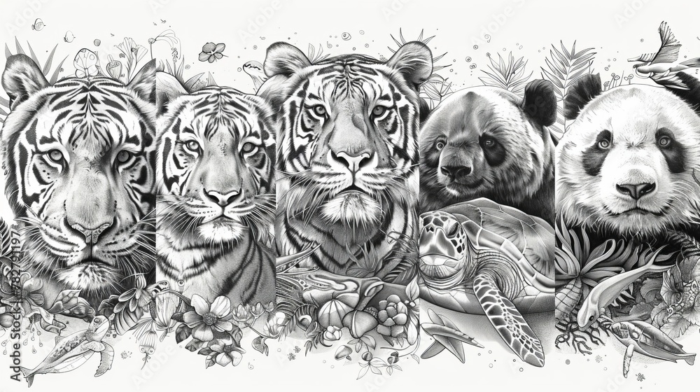 Wildlife Wonders: Illustrate a series of intricate portraits featuring ...