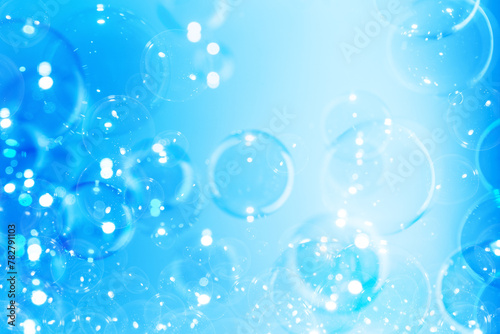 Beautiful Transparent Shiny Blue Soap Bubbles Background. Celebration Festive Backdrop. Freshness Soap Suds Bubbles Water. Abstract Blue Textured Background.	
