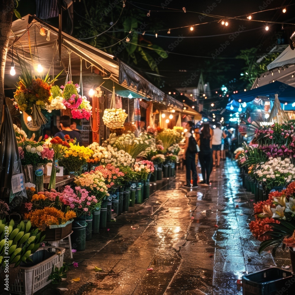 A Songkran night market illuminated by string lights offering fragrant flowers