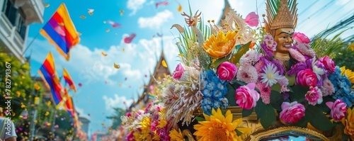 A Songkran parade float adorned with flowers and symbols of Thai culture © WARIT_S