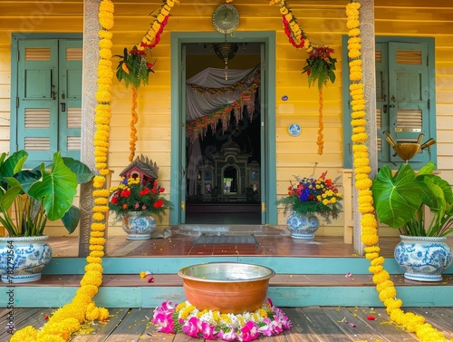 A traditional Thai home entrance welcoming Songkran with a water bowl