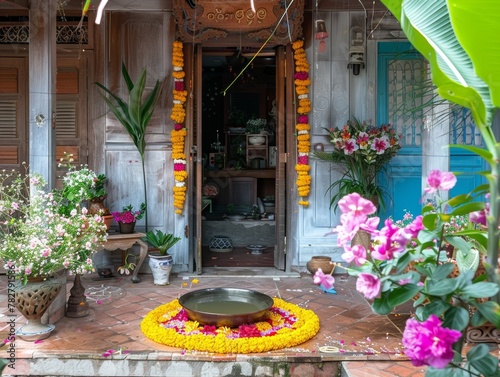 A traditional Thai home entrance welcoming Songkran with a water bowl