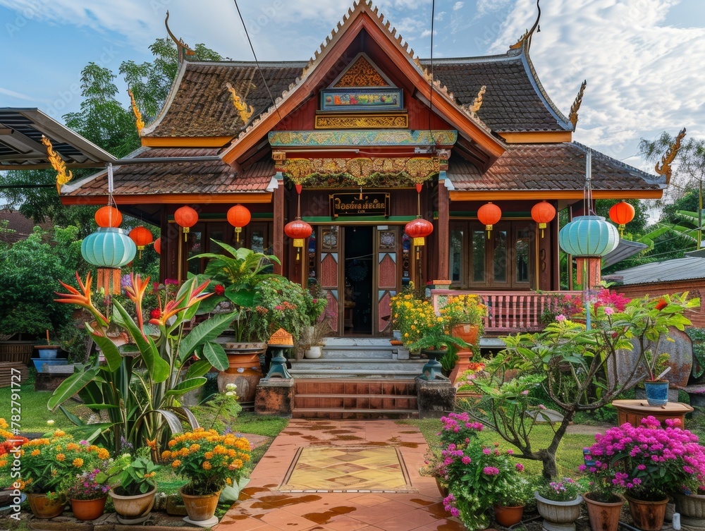 A traditional Thai home its garden adorned with lanterns and flowers