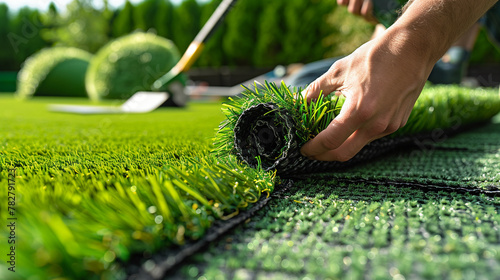 Artificial Turf Installation, Close-up of hands laying artificial turf in a lush garden setting. photo