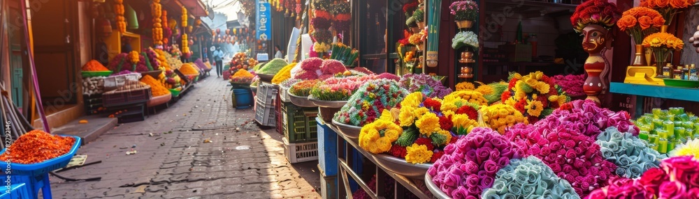A vibrant marketplace decorated with colorful flowers and scents of traditional Thai perfume