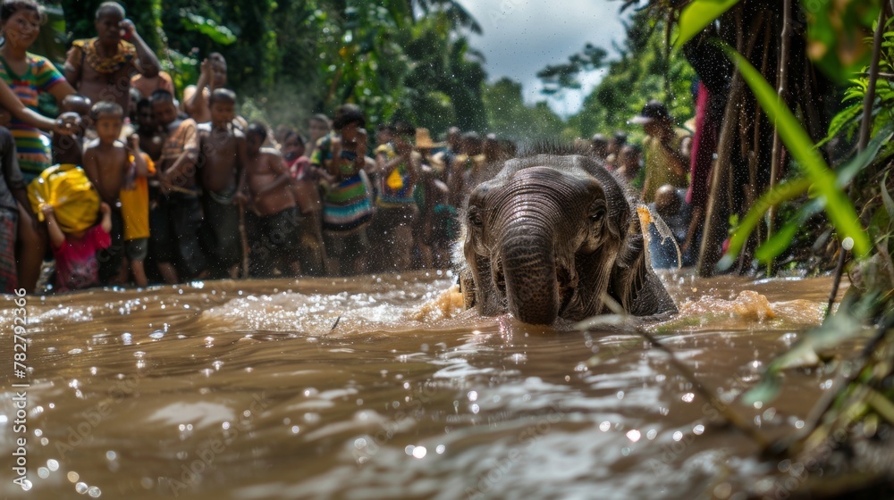 A young elephant being gently washed by villagers - obrazy, fototapety, plakaty 