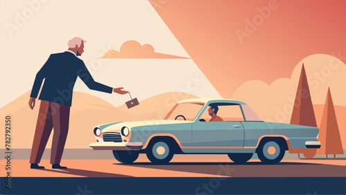 An older man stoically handing over the keys to his beloved classic car to its new owner knowing that he can no longer care for it and wanting