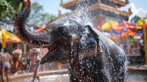 A young elephant lifting its trunk high a cascade of water falling photo