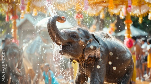 A young elephant lifting its trunk high a cascade of water falling