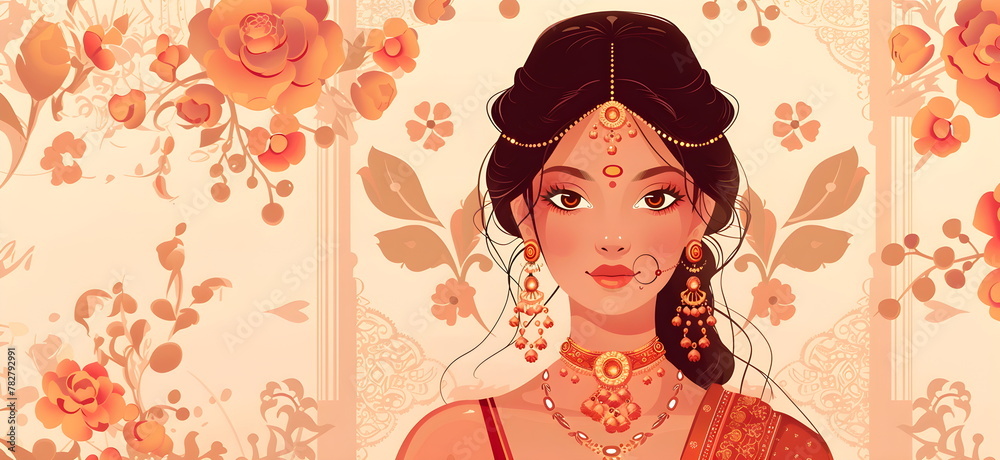 Fototapeta premium Indian bride girl wearing traditional dress against floral background. Woman in colorful sari. Bollywood star traditional fashion. Ugadi or Gudi Padwa. Religion and ethnic banner with copy space