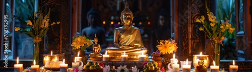 An elegant Songkran altar with a Buddha statue surrounded by offerings of water