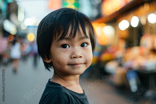 Cute asian child in the street at night, Thailand.