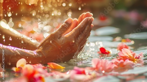 Hands clasped in prayer water and petals nearby