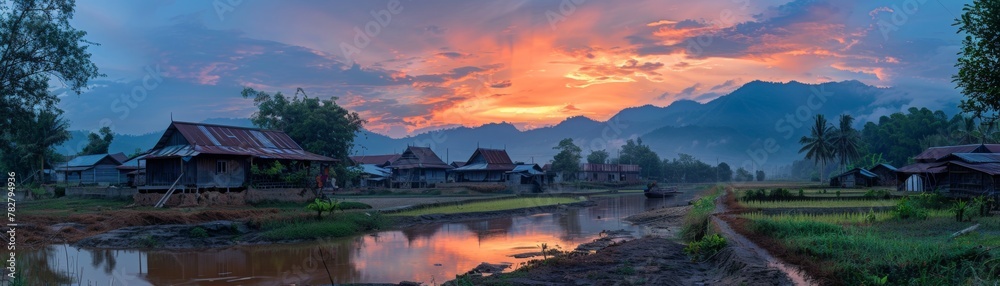 Fototapeta premium The glow of dawn breaking over a quiet village