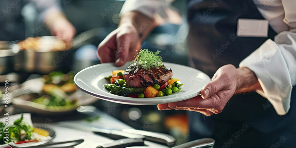 closeup of hands holding a plate with a beautifully plated dish, generative AI