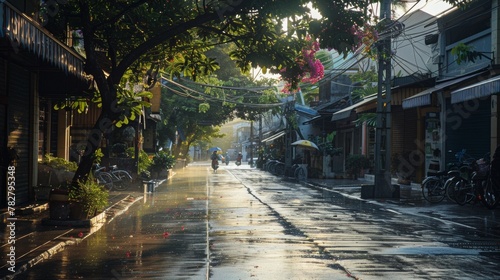 The peaceful morning of Songkran with streets awaiting the days water festivities