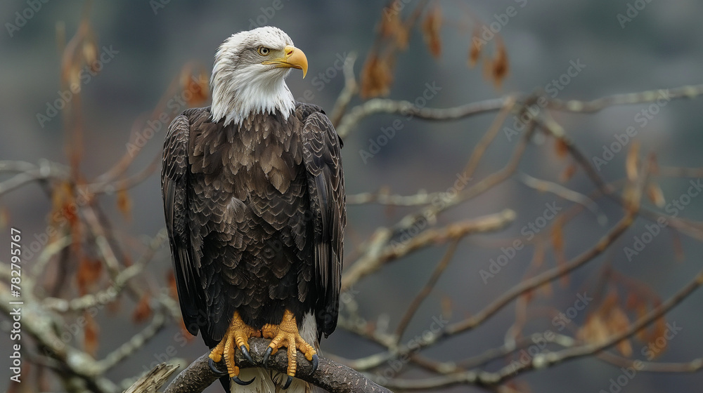 Obraz premium Portrait of majestic American bald eagle perched on branch, symbolizing wildlife in USA