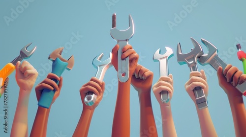 3d illustration of hands hold kinds of working tools in plain background. As worker day background. Happy labor day and international workers day. photo