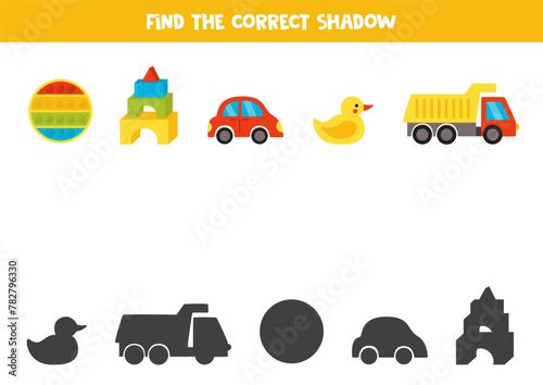 Find shadows of cute cartoon toys. Educational logical game for kids.