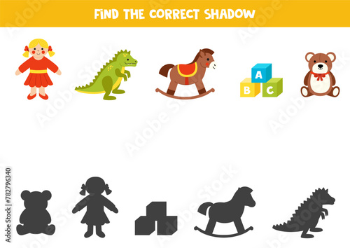 Find shadows of cute cartoon toys. Educational logical game for kids.