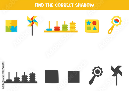 Find shadows of cute cartoon toys. Educational logical game for kids.