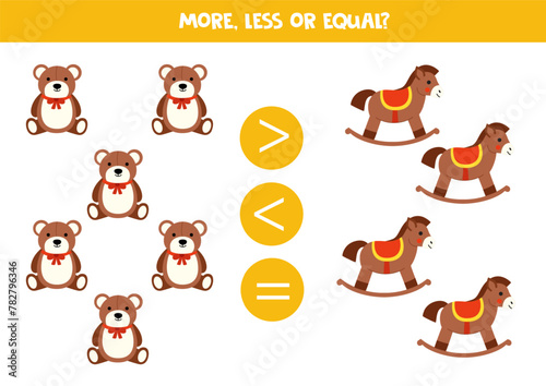 Grater, less or equal with cute cartoon teddy bears and riding horses.