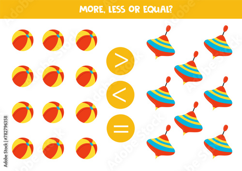 Grater, less or equal with cute cartoon balls and spinning tops.