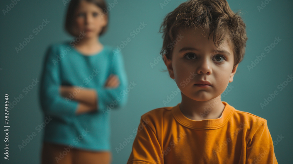 Eltern mit Kind in Erziehungsfragen und Verbote für Kinder Isoliert Platz für Text vor einfarbigen Hintergrund Generative AI