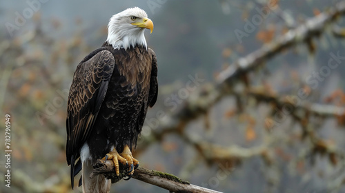 Portrait of majestic American bald eagle perched on branch, symbolizing wildlife in USA