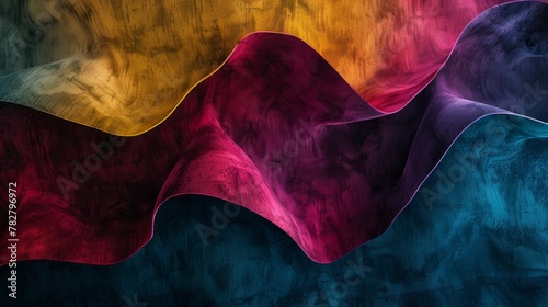 Velvet texture waves in jewel tones depict a multicolored abstract painting of a mountain range. Wallpaper. Background.