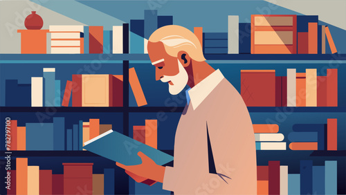 A man in his golden years browsing through a bookstore carefully selecting books about nutrition and healthy living to educate himself on ways
