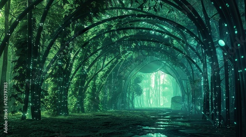 The Enchanted Cybernetic Steel Forest with Green Artificial Leaves 