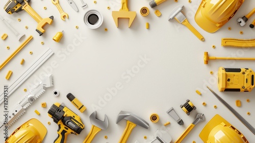 Plain background with worker tools frame. Happy labor day and international workers day.