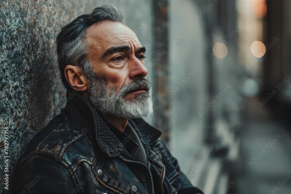 Portrait of a senior man with gray beard and mustache in a leather jacket in the city. Portrait of a senior man with gray beard and mustache in a leather jacket in the city.