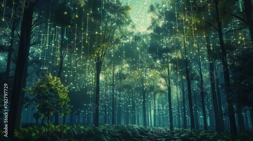 Create an image of a cybernetic forest where trees 