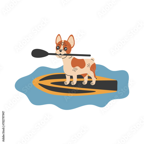 Sup surfing dog vector illustration. Cartoon French bulldog holds oar in teeth and standing on SUP-board in water