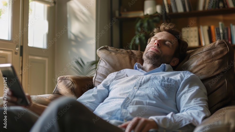 Man relaxing on couch with remote control Man relaxing on couch with remote control